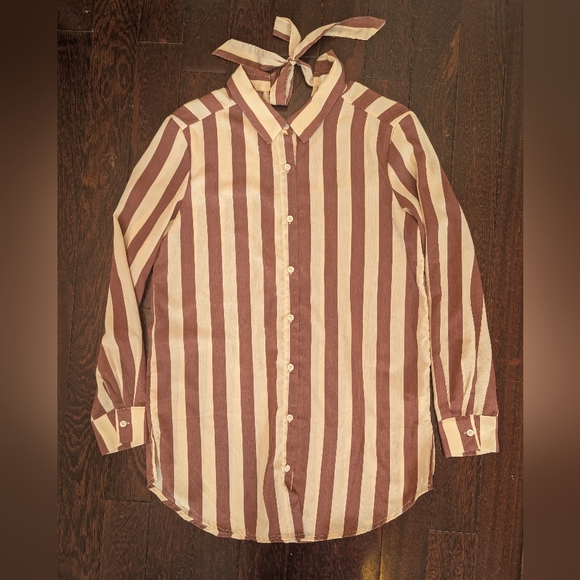 Stelen Oversized Striped Button Up Tie Bow Back Shirt - Mauve/Oat - Picture 2 of 5